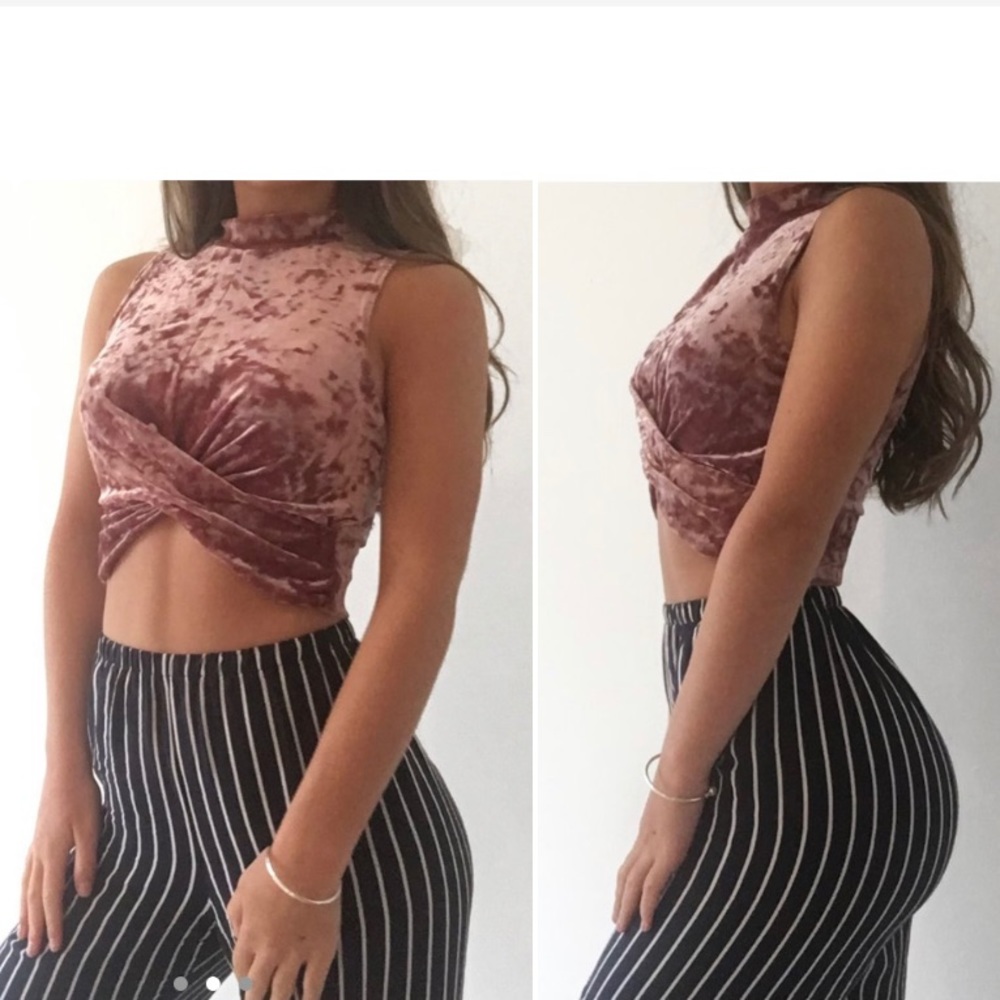 Topshop Crushed Pink Velvet High Twisted Crop Top